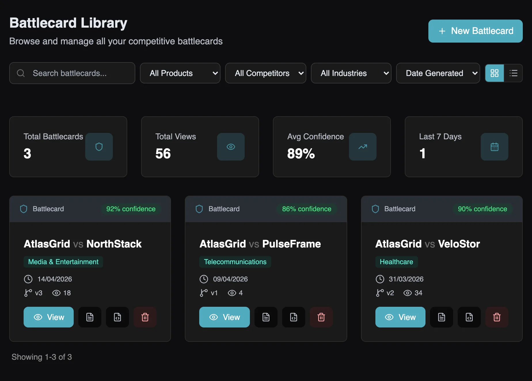 WinIQ battlecard library: AI-generated competitive battlecards with confidence scores, versions, and PDF export